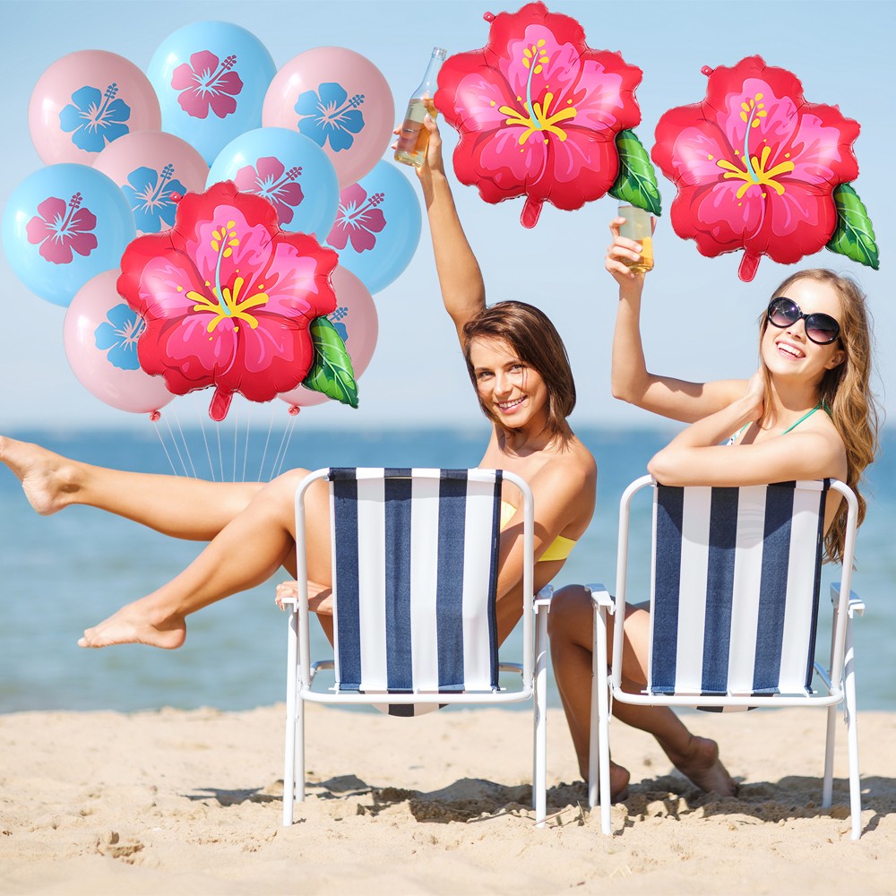 Hibiscus Foil Balloon Set Hot Pink Yellow Purple Hibiscus Balloon Summer Tropical Birthday Hawaii Baby Shower Party Decoration