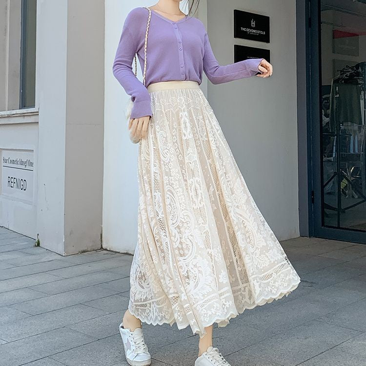 Plus Size plus Size Lace Hollow out f Skirt mid Waist Long Sle Fairy Skirt A-Line Umbrella Skirt Trendy Women's Clothing