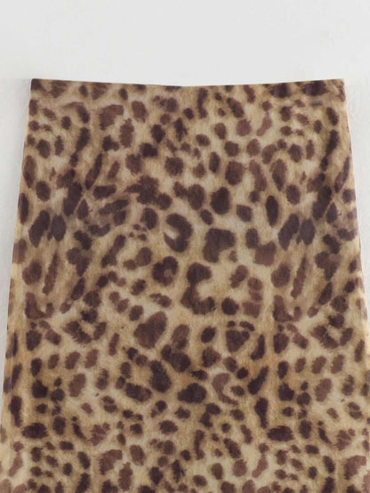 Women Leopard Tulle Midi Skirt 2024 Summer Fashion High Waist Elasticated Waistb