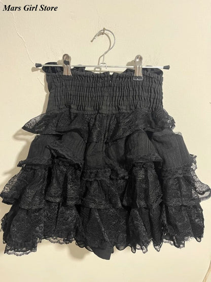 Japanese Lolita Lace Layered Skirt Women Anime High Waist Maid Style Sweet Ruffle Cake Skirt Kawaii Harajuku A-Line Mini Skirt