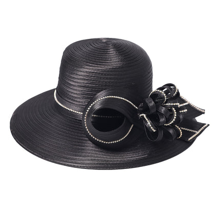 Chapéu Fedora Feminino Elegante Preto Vestido Formal Senhora Igreja Coquetel Chá Festa Chapéus Derby para Mulheres Laço Flor Aba Larga Chapéus Cloche