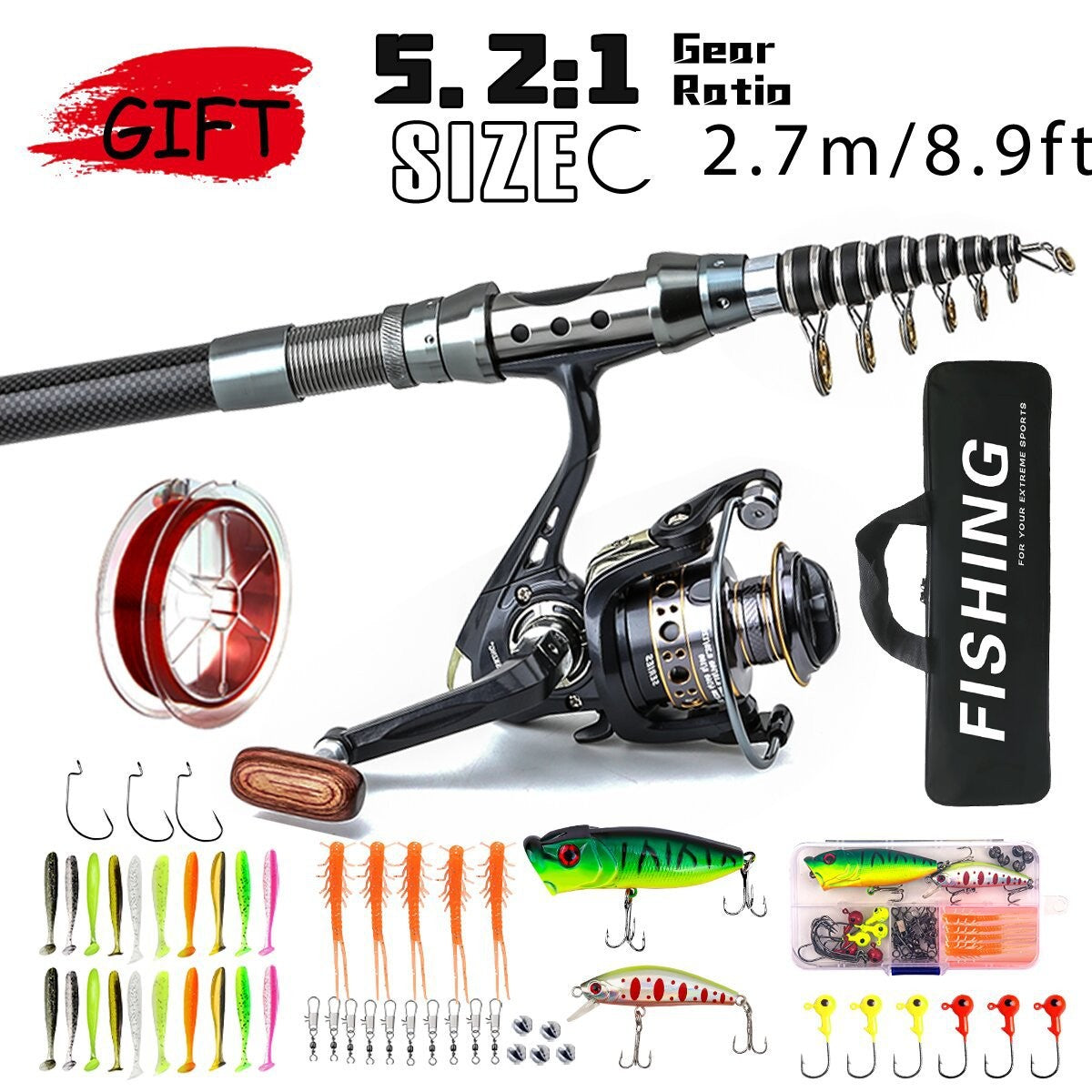 1.8-3m Carbon Fiber Fishing Rods and Reel Combo Super Hard Telescopic Fishing Pole Spinning Reel Kit