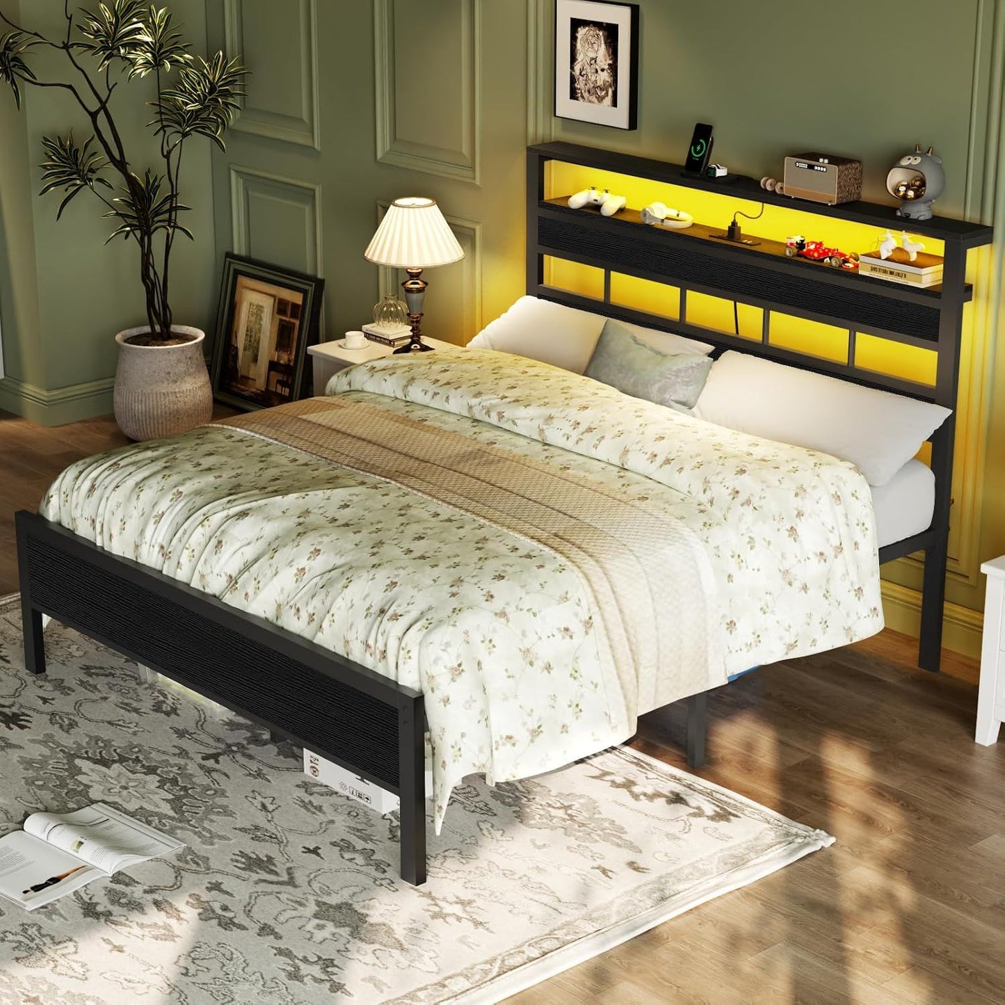 Sleek Full Size Bed Frame with Glowing LED Lights & USB Charging Station | Modern Storage Headboard