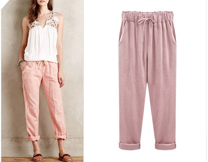 Cotton Linen Pants, Elastic Mid Waist Ankle Length Pant, Casual Women Loose Spring Pants, Female Slacks Size M-5XL 6XL 7XL 8XL