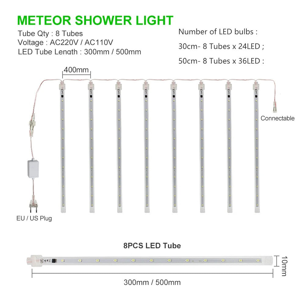 EU/US Meteor Shower LED String Lights Christmas Tree Garden Decor Birthday Wedding Christmas Party Decoration Fairy Lights