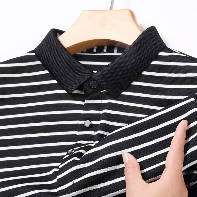 2024 Men's New Striped Cotton Business Casual Short Sleeved POLO Shirt Fashion Short Sleeved Comfortable and Breathable Top
