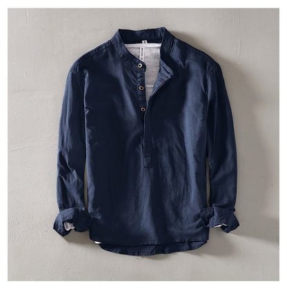 2024 Men's Linen Long-sleeved Shirt with Stand Collar, Youth Casual Loose Men's Cotton and Linen White Shirt.Beach Vacation Top