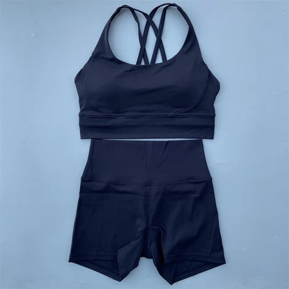 Solid Color gym bike Yoga Set short Legging +cross sport bra Tracksuit  Athletic Women Gym Suit Comprehensive Training Jogging