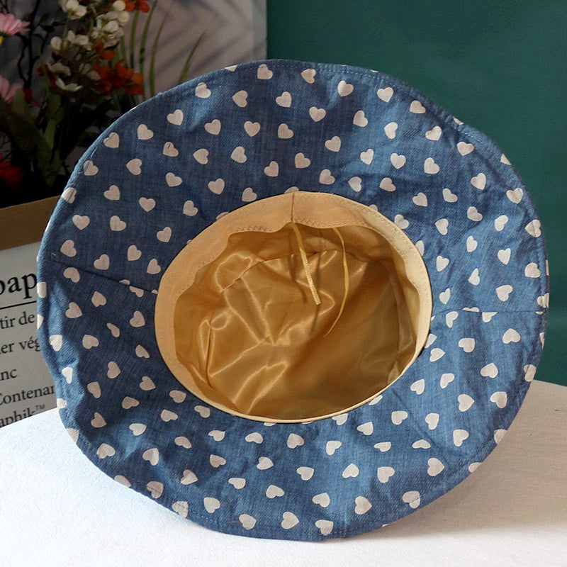 Chapéu feminino de verão, estampa de coração, aba grande para proteção solar, chapéu de sol de algodão e linho à prova de sol, chapéu de pescador dobrável