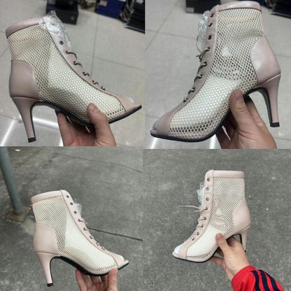 Novas Sandálias Femininas de Salto Alto Sexy Vazadas em Tela Tendência da Moda Verão Conforto Peep Toe Botas Stilettos Jazz Dance Tamanhos Grandes