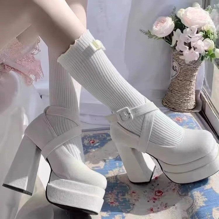 Luxury Shoes Fashion Designer Platform Women Mary Jane Shoes Cross Strap Thick Heel Shoes Ladies College Style Dress Pumps Shoe