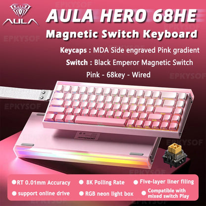 Teclado Mecânico para Jogos RGB com Switches Magnéticos AULA HERO 68HE Teclado para eSports com Acionamento Rápido e Retorno de 8K com Fio Personalizado