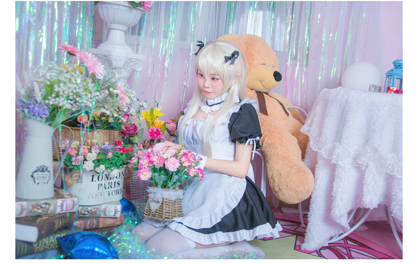 Cute Japanese Maid Outfit Sweet Lolita Cosplay Costume Black White Uniform Full Set Gothic Lace Party Halloween Stage Wear
