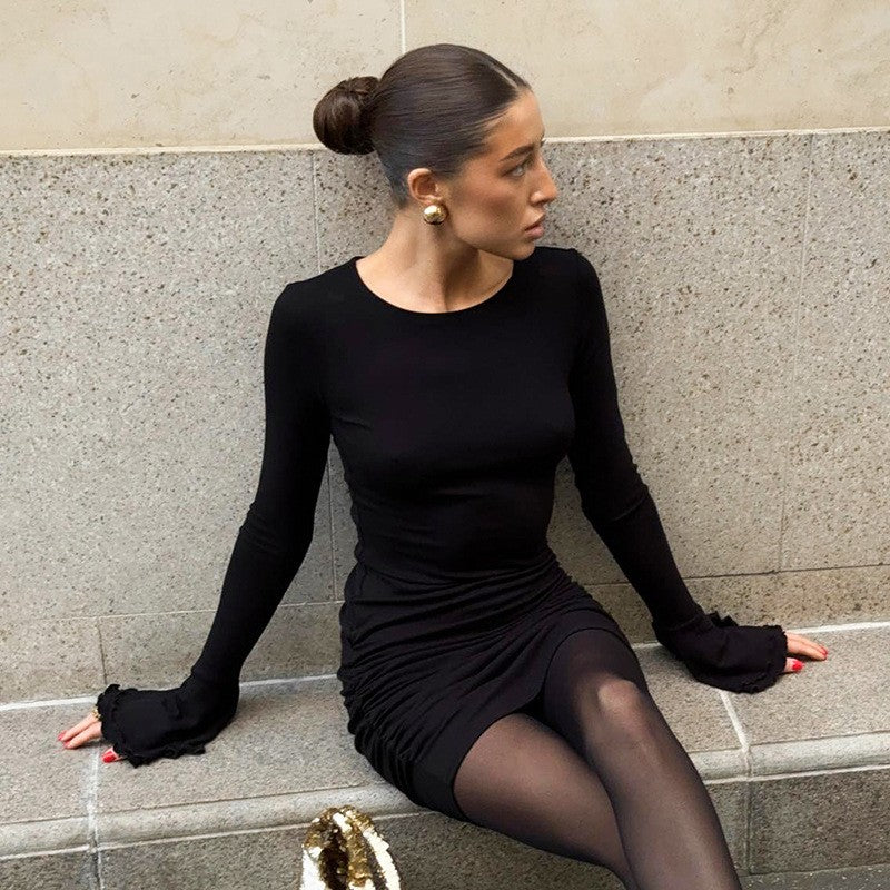 Women Flared-Sleeve Bodycon Pleated Dresses Fashion O-Neck Solid High-Waisted Slim Party Dress Evening Female Mini Dress 2025