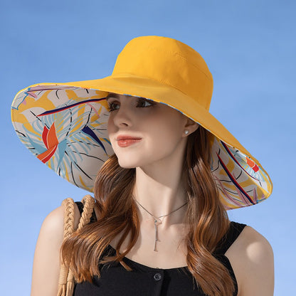 Chapéu Feminino de Verão Dupla Face com Aba Larga Proteção Solar Flor Praia Elegante Ao Ar Livre Protetor Solar Atacado Novo