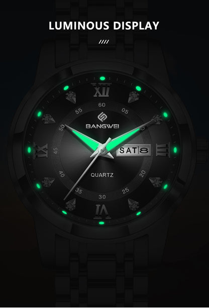 LIGE Brand BANGWEI Quartz Man Watch Fashion Stainless Steel Band Business Luxury Diamond Waterproof Calendar Watches for Men+Box