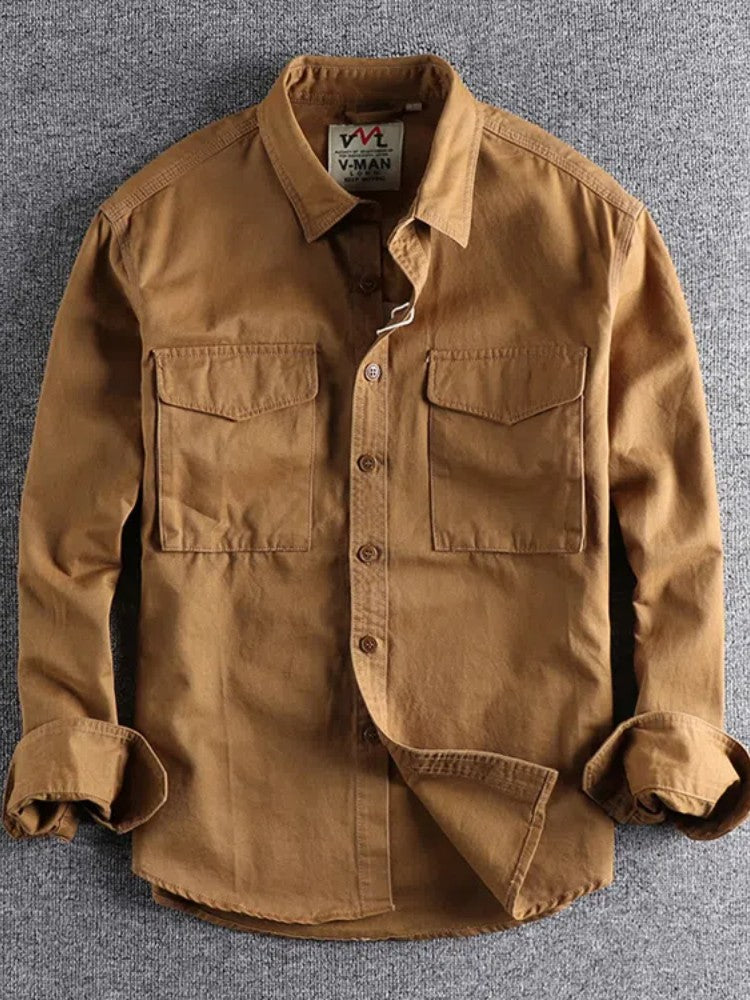 Spring New Japanese Retro Long-Sleeve Lapel Woven Cargo Shirt Men's Simple 100% Cotton Washed Double Pocket Casual Youth Blouses