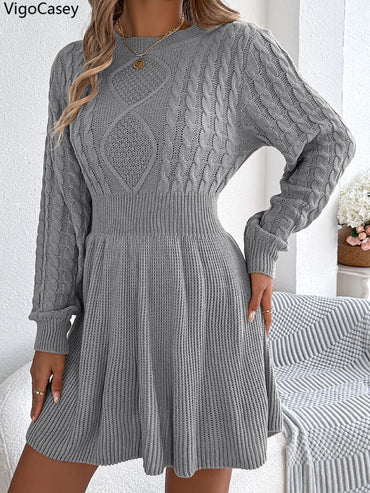 VigoCasey 2025 Grey O Neck Casual Knit Dress Women Solid Long Sleeve Short Dress Autumn Winter Lady Bodycon Knitted Dresses