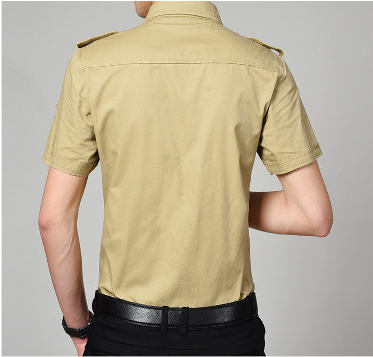 Men Cargo Shirts Summer Military Cotton Short Sleeve Shirts Retro Slim Fit With Pocket Epaulets Half Sleeve Shirts Drop Shipping