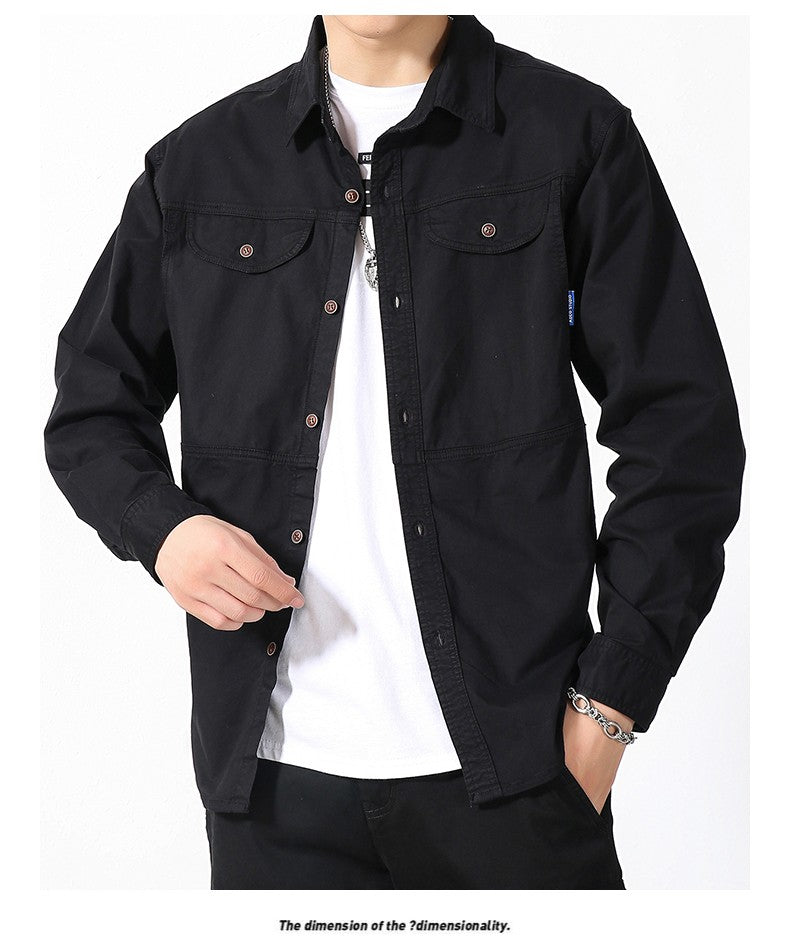 Men Slim Fit Turn-Down Collar Loose Cargo Shrit Spring Autumn Casual Wash Cotton Safari Style Jacket with Multiple Pockets Coat