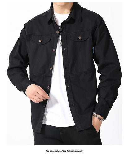 Men Slim Fit Turn-Down Collar Loose Cargo Shrit Spring Autumn Casual Wash Cotton Safari Style Jacket with Multiple Pockets Coat