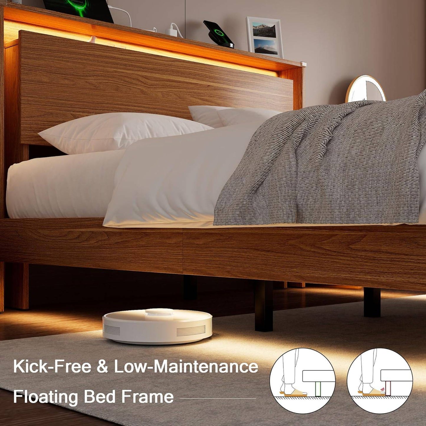 Cama Box King Size com LED e Estação de Carregamento – Estrutura Flutuante de Madeira com Cabeceira Armazenadora, Estrados Adesivos