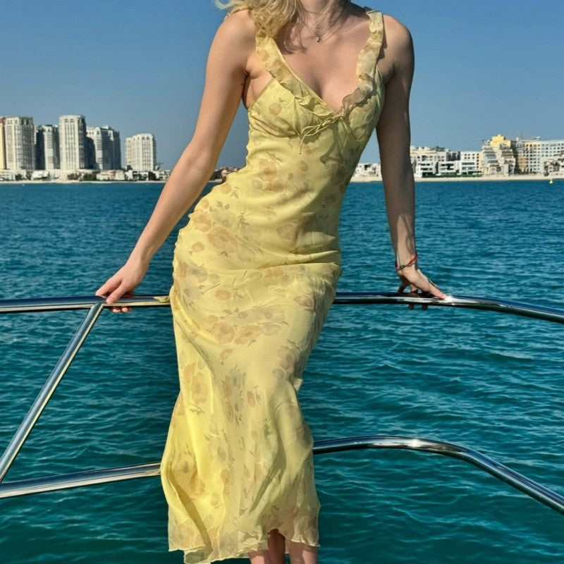Cryptographic Summer Floral Print Plunge Maxi Dress Outfits Sexy Backless Fairy