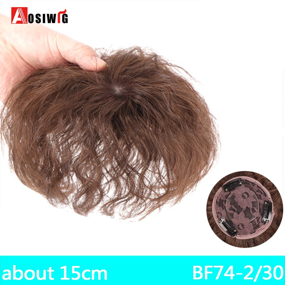 Perucas de cabelo encaracolado sintético AOSI castanho preto, substituição de extensões de cabelo tipo topete, apliques femininos com franja