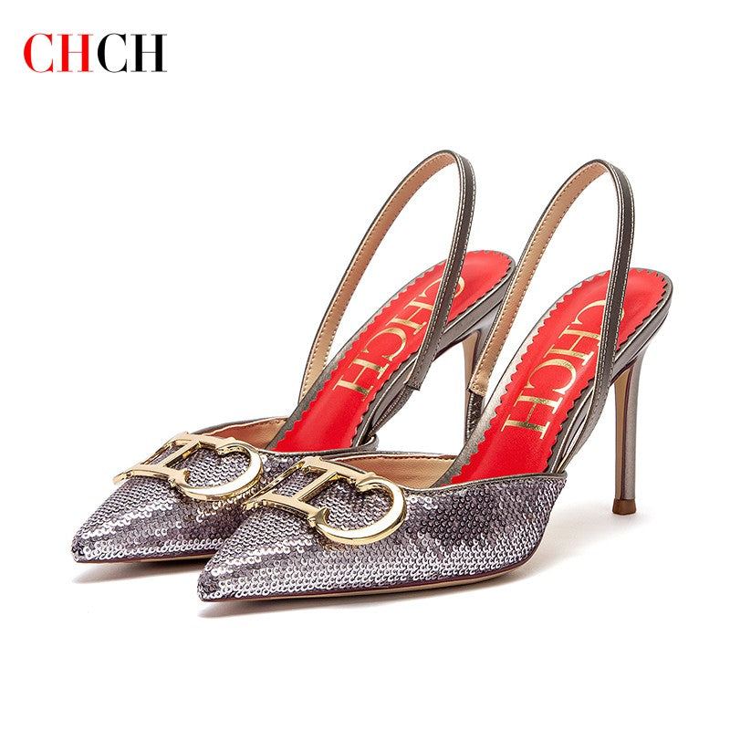 CHCH Salto Alto Feminino 2025 Ponta Fina Destiny Bico Fechado Salto com Tiras Sapatos de Festa Casamento Sexy 9cm