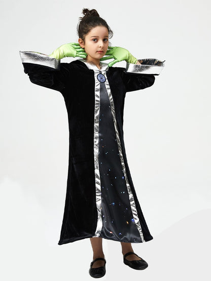 Adult Child Alien Wizard Cosplay Costume Starry Sky Hooded Cape Green Gloves Mesh Mask Perfect Halloween Parties Space Adventure