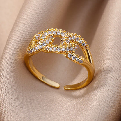 Anéis de Aço Inoxidável Banhados a Ouro com Cristal para Mulheres Corrente Geométrico Zircônia Anel de Dedo Joia Presente anillos mujer 2025 Novo e Moderno