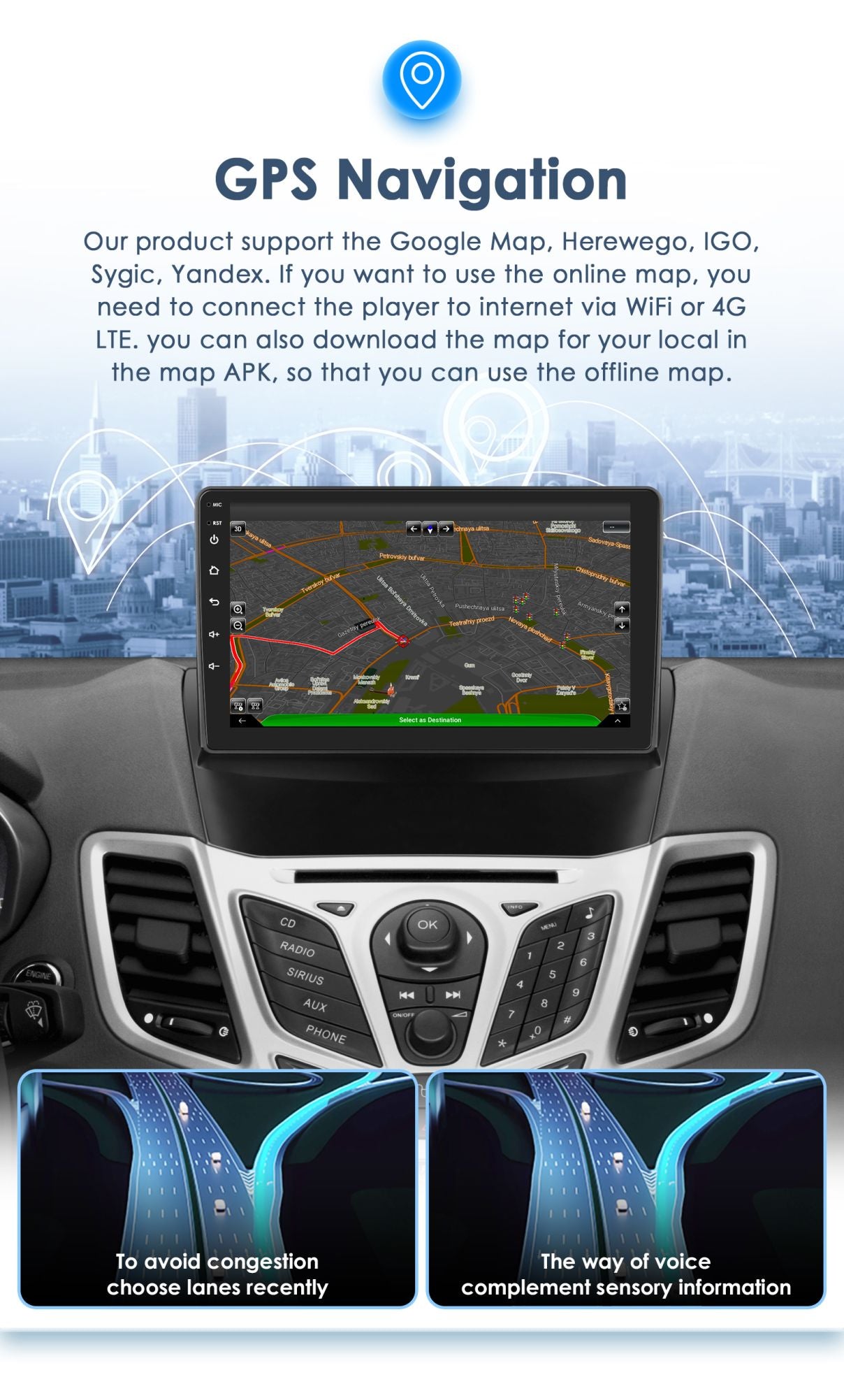 Para Ford Fiesta Mk7 2009-2017 CarPlay sem fio para Apple Android Auto Rádio Automotivo GPS RDS WiFi 4G 8 Núcleos Multimídia Estéreo 2din SWC
