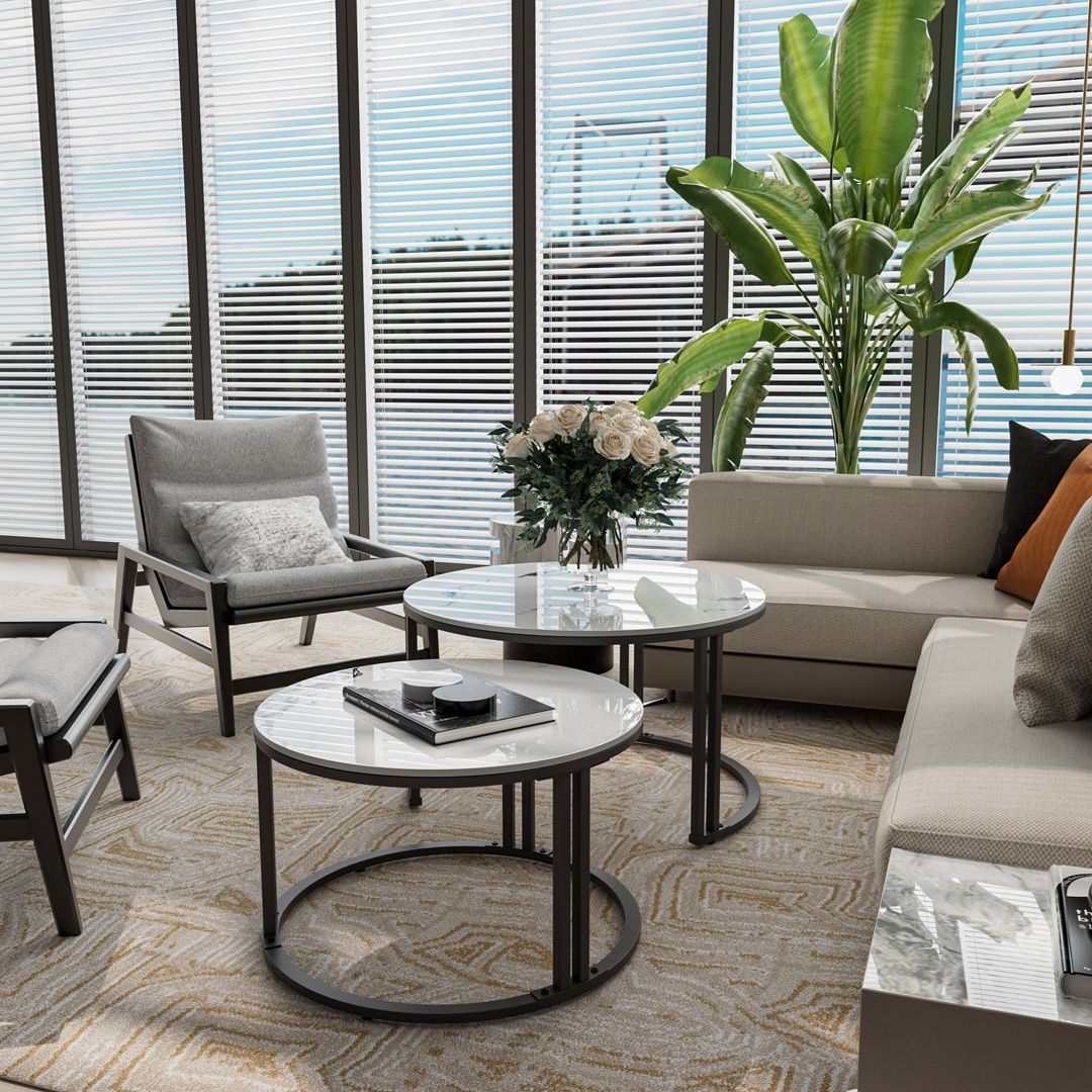 Nested Coffee Table: Set of 2 Modern Round Nesting Coffee Table Sintered Stone-top Stacking Sofa Accent Table for Living Room