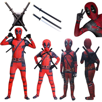 Adult Kids Deadpool Cosplay Costume Bodysuit Outfits Superhero Jumpsuit Boys Movie Character Dress Up Mask Costumes With Swords