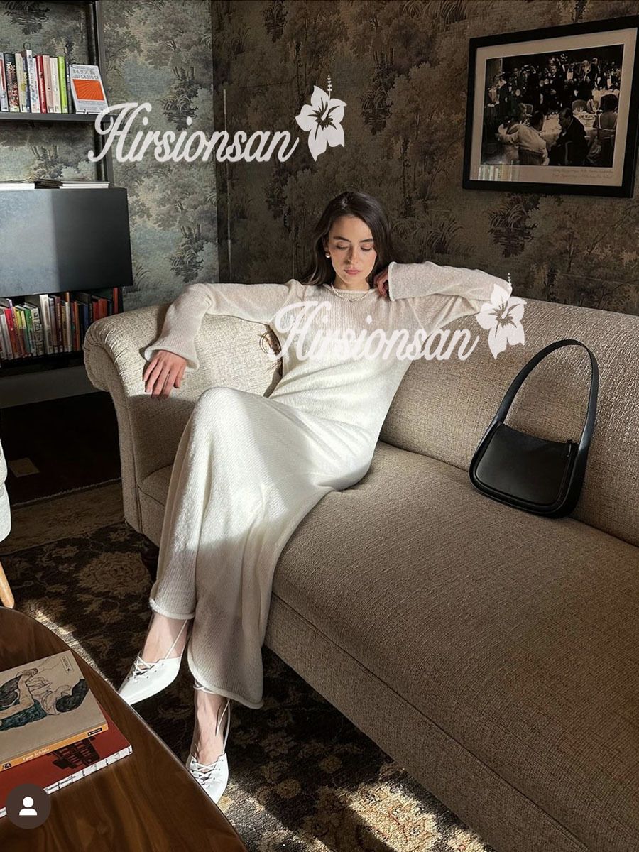 Hirsionsan Spring Autumn O-Neck Elastic Knit Long Dresses Women 2024 Elegant Chi