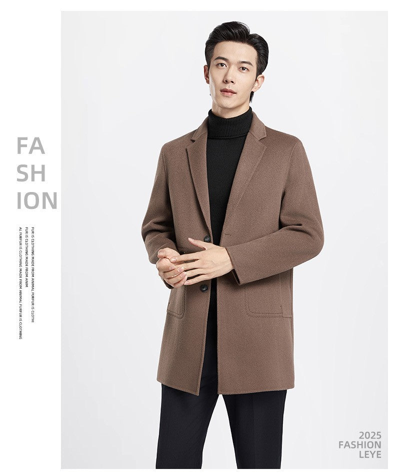 Men's 100% Wool Blend Overcoat - British-Inspired Mid-Length Trench Coat for All-Weather Smart Casual Wear