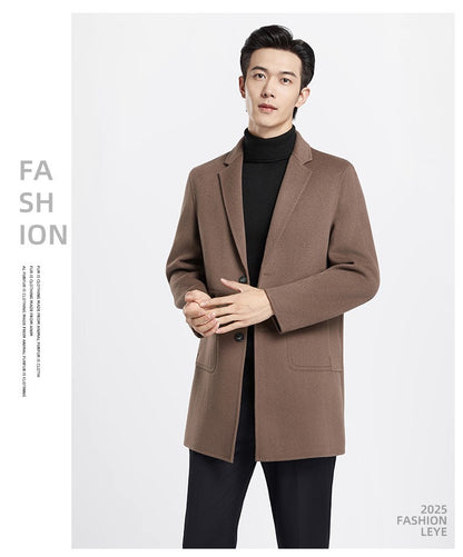 Men's 100% Wool Blend Overcoat - British-Inspired Mid-Length Trench Coat for All-Weather Smart Casual Wear