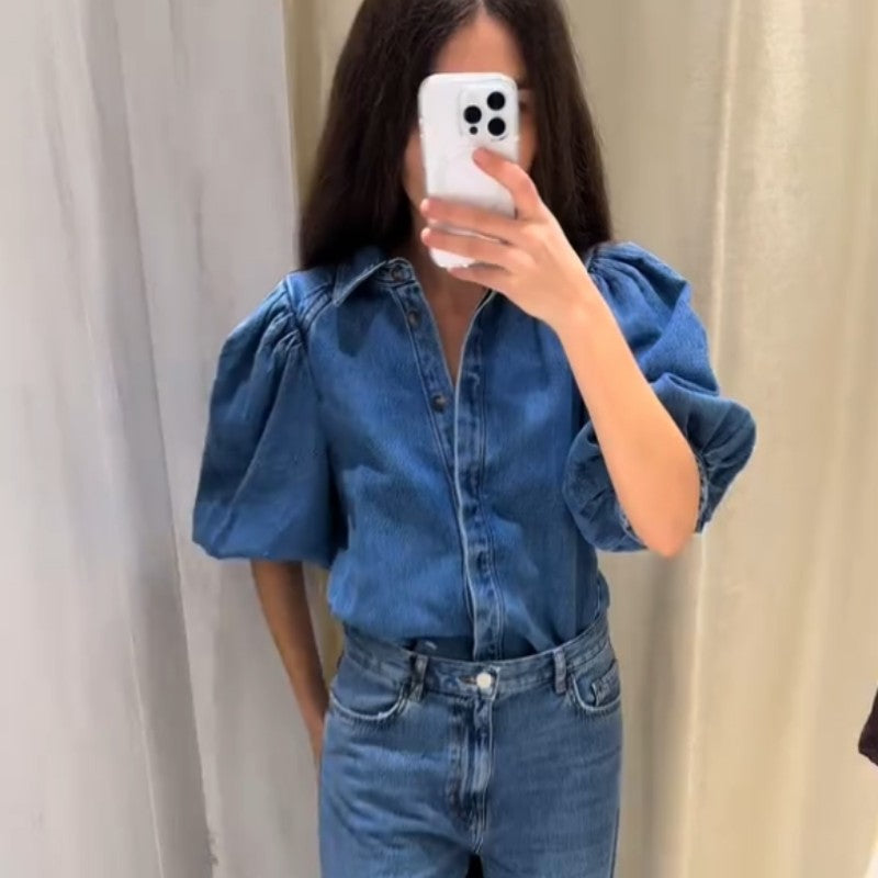 Fashion Denim Women Short Shirt Lapel Half Puff Sleeve Pleated  Turn-down Collar Solid Female Top 2025 Autumn Lady Shirts