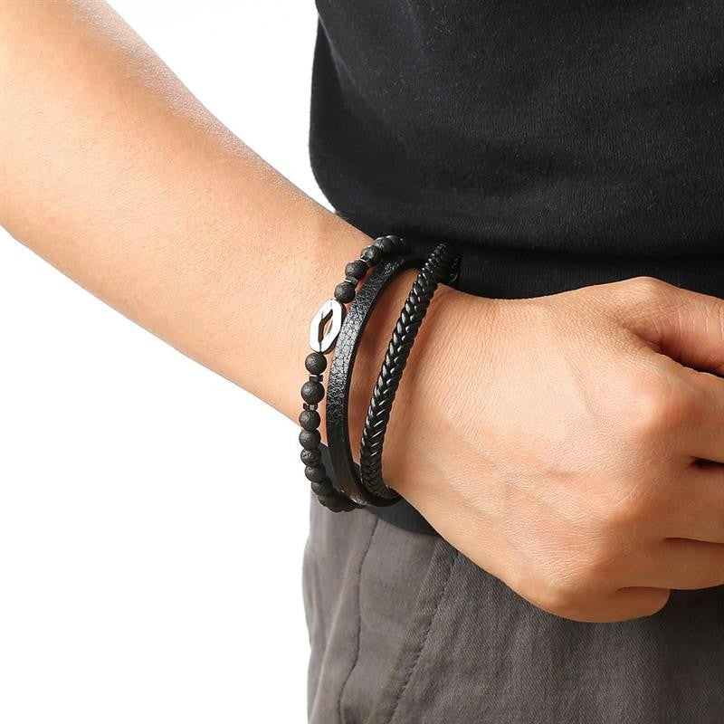 Pulseira de Couro Jiayiqi Masculina Punk Hip Hop Metal Charm Contas Olho de Tigre Pulseira Multicamadas para Homens Joia da Moda Presente