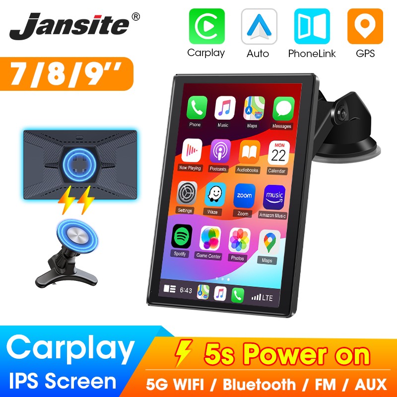 Suporte de 7/8/9'' Orientação e Espelho Retrovisor de Carro com Rádio CarPlay Sem Fio Android Auto Multimídia de Vídeo Tela Universal