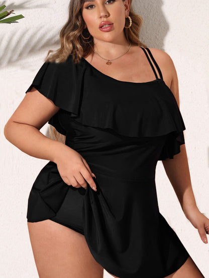 VigoJany 2025 Black Tankini Swimwear Women Plus Size Two Pieces Swimsuit Ladies Big One Shoulder Ruffle Tankini Bathing Suit