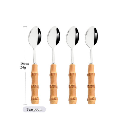 Drmfiy Teaspoon Dinnerware Set Stainless Steel 4/6/10Pcs Coffee Spoons Cutlery Set Kitchen Bamboo Handle Golden Tableware Set
