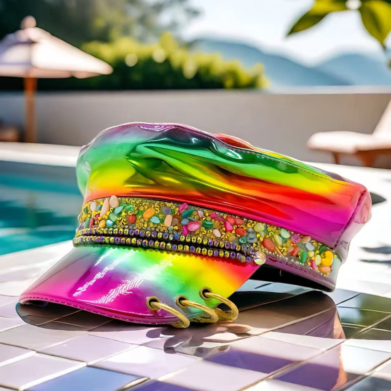 HongLuan Luxury Laser Leather Loop Captain Hat Rhinestone & Military Caps for Woman, Rave Festivals Accessories ? Party Cap Man