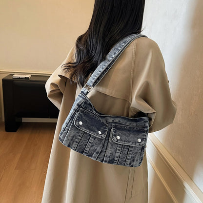 Vintage Washed Canvas Fashionable Bag, Women's Crossbody Bag, Large Capacity Commuting Casual Denim Shoulder Bag