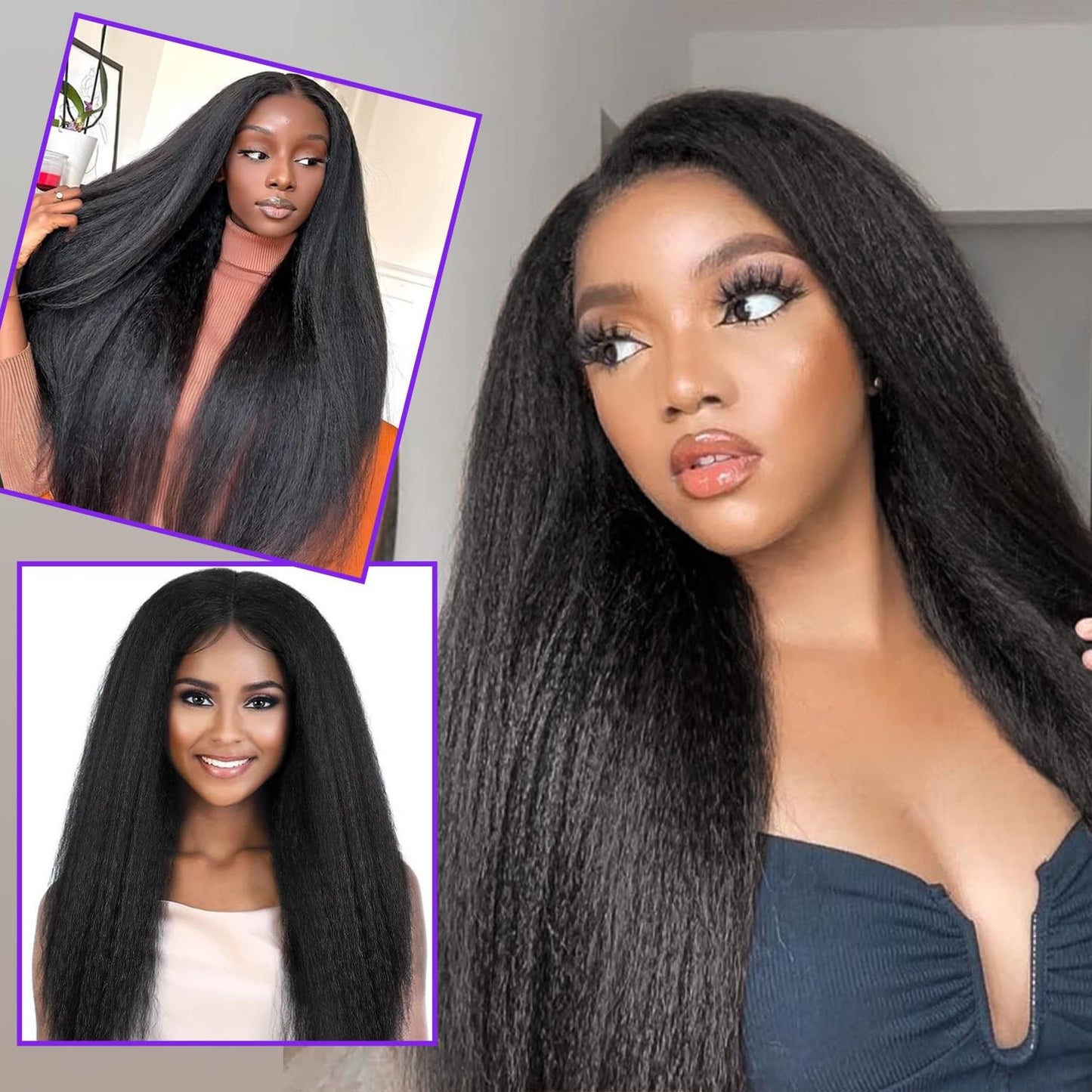 Apliques de Cabelo Sintético Kinky Liso 7 Peças 16 Clipes Yaki Liso 55cm Extensões de Cabelo para Cabeça Cheia