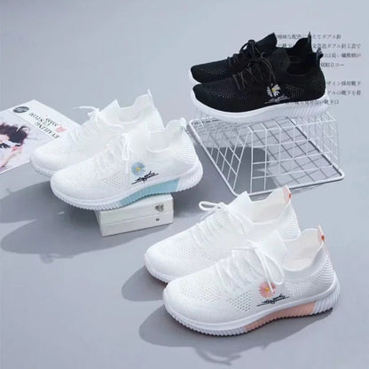 Spring and autumn seasonsLadies Knitted Sneakers Fashion Simple Lace-up Running Shoes Mesh Breathable Casual Female Students