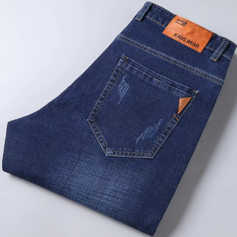 2025 Autumn Classic Men's Fitted Stretch Jeans Business Casual Cotton Denim Straight Leg Pants Male Black Blue Trousers