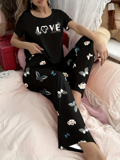 Stylish Simple Women's Summer Breathable Comfort Pajamas Women's Digital Alphabet Butterfly Print Short Sleeve Set  Sleepwear