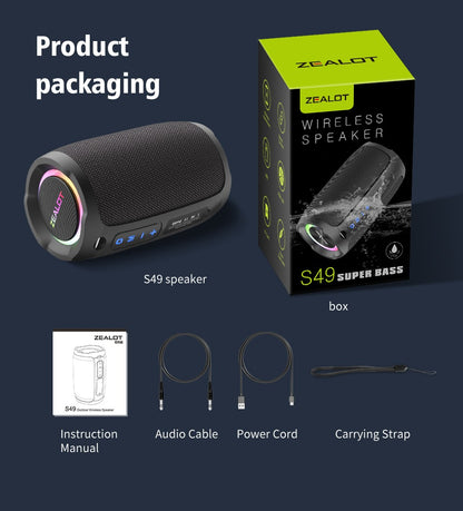 Caixa de som Bluetooth portátil Zealot_S49 com som estéreo 360, 20W, IPX6 à prova d'água, Bluetooth 5.2, True Wireless Stereo