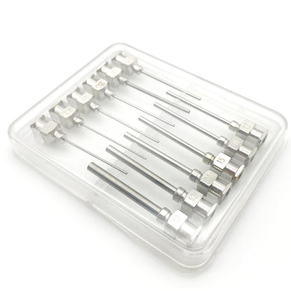 Agulha de Seringa de Aço Inoxidável 304 com Ponta Plana Romba para Aplicação de Adesivo Líquido em Pasta, 12 Peças, 12Ga a 23Ga, Tamanhos Mistos em uma Caixa
